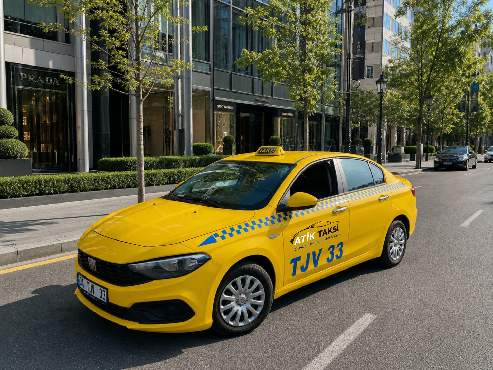 Atik Taksi sarı sedan aracının şehir içindeki görünümü